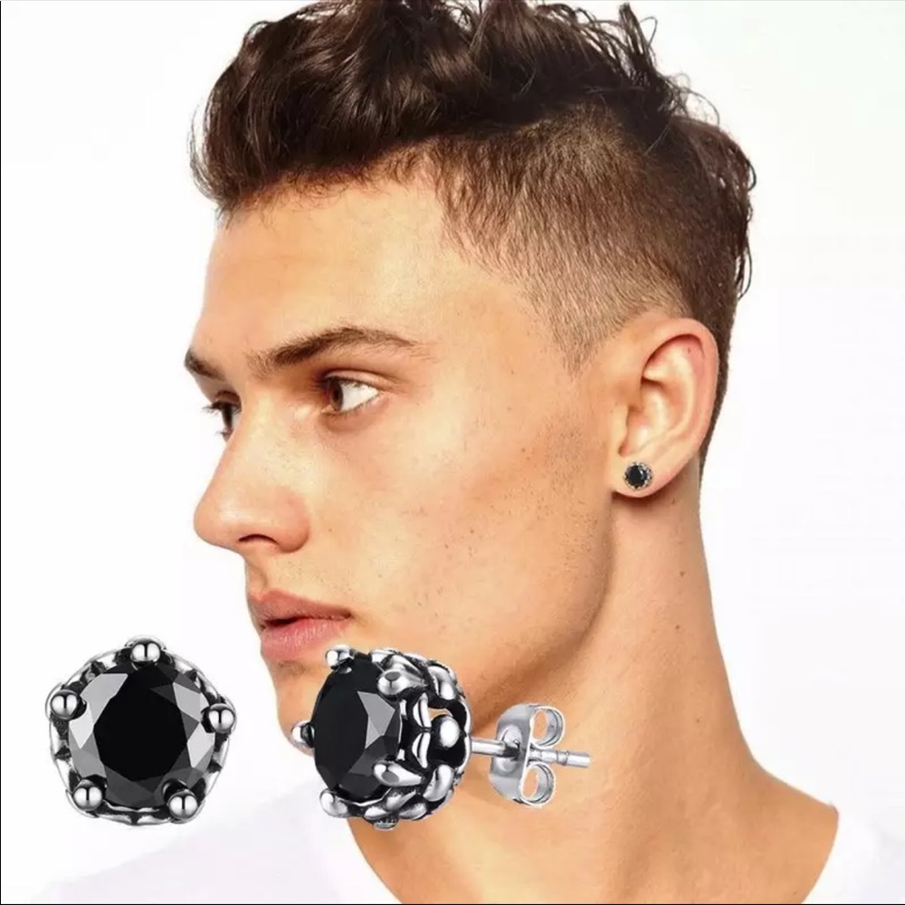 New Stainless Steel Black Diamond Stud Earrings